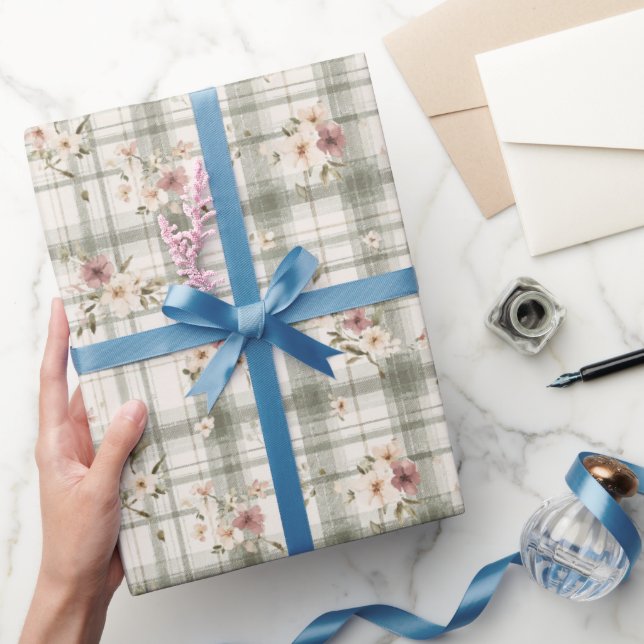 Papel De Regalo Green Plaid Stripes Burgundy Cream Flowers Birthda (Regalar)