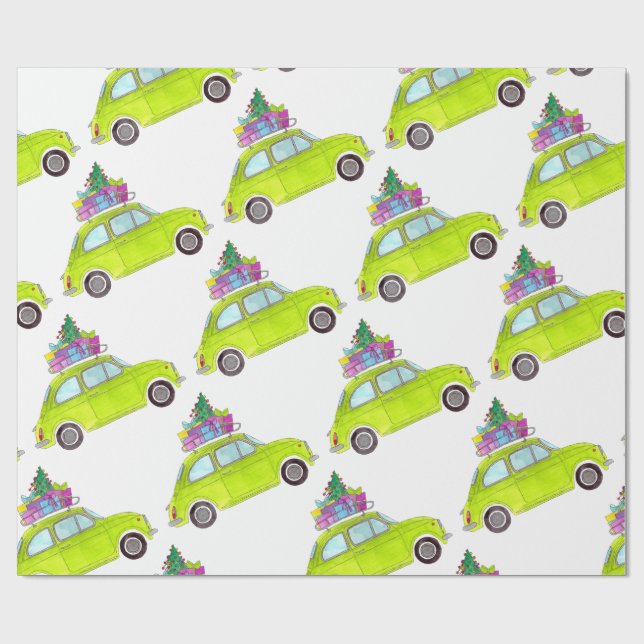 Papel De Regalo Green Retro Fiat 500 Navidades Regalos acuarela (Superficie plana)