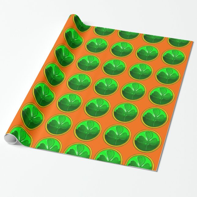 Papel De Regalo GREEN SHAMROCK JEWEL Saint Patrick's Day Naranja (Desenrollado)