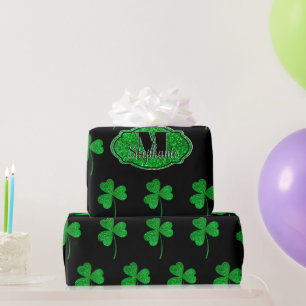 Papel De Regalo Green Sparkly Shamrocks Monogramado St Patrick