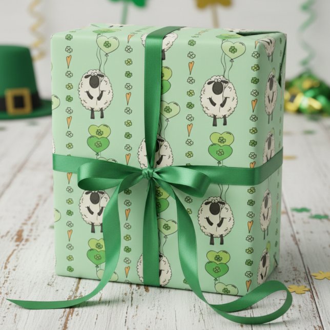 Papel De Regalo Green St. Patrick’s Day Sheep & Shamrock Balloons (Happy Saint Patricks Day Gift Wrap. Striped Pattern of Irish Sheep & Green Shamrock Heart Balloons)