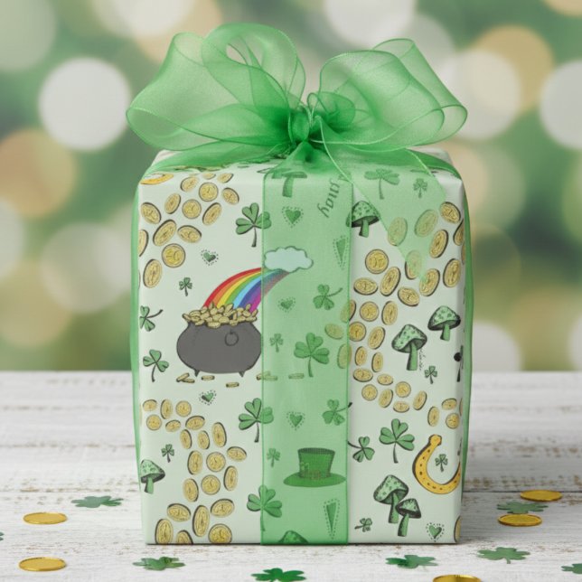 Papel De Regalo Green St. Patrick's Day Leprechaun Pot of Gold (Fun St Patrick's Day Wrapping Paper for Kids. Lucky Green Shamrock Pattern, Rainbow, Leprechaun Hat)