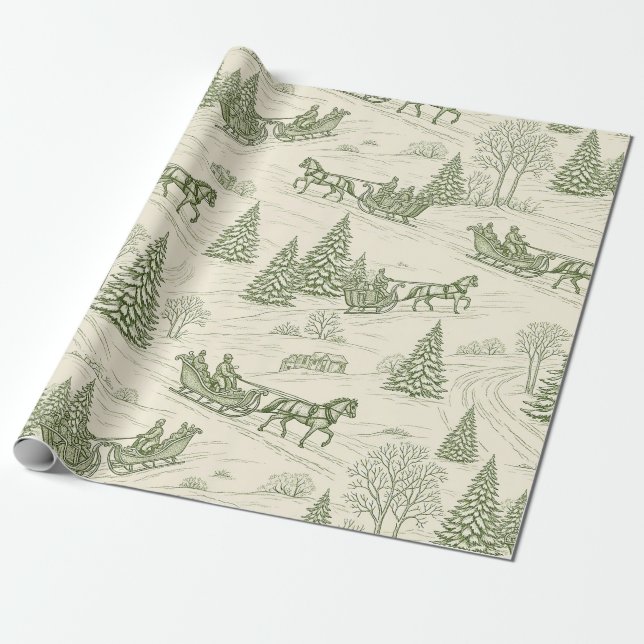 Papel De Regalo Green Toile Christmas Sleigh Ride Pattern (2) (Desenrollado)