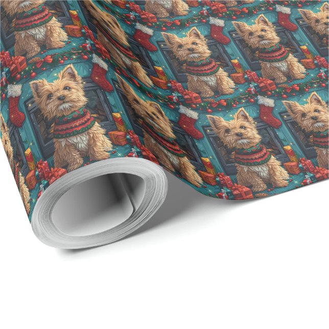 Papel De Regalo Grifón de pelo duro con regalos de Navidad (Esquina del rollo)