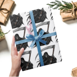 Papel De Regalo Grim Reaper gótico con Scythe (Blanco)
