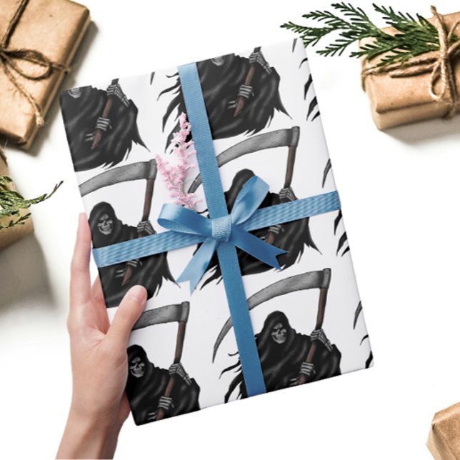 Papel De Regalo Grim Reaper gótico con Scythe (Blanco) (Subido por el creador)