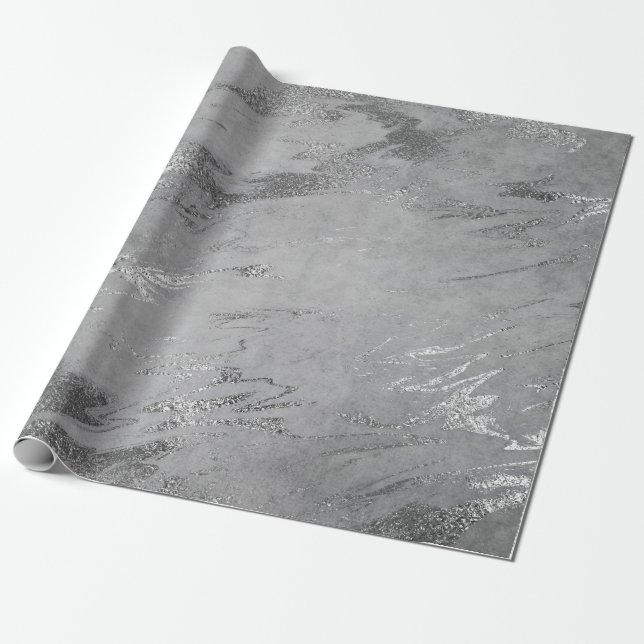 Papel De Regalo Gris Black Silver Gráfica Marble Glam brillante (Desenrollado)