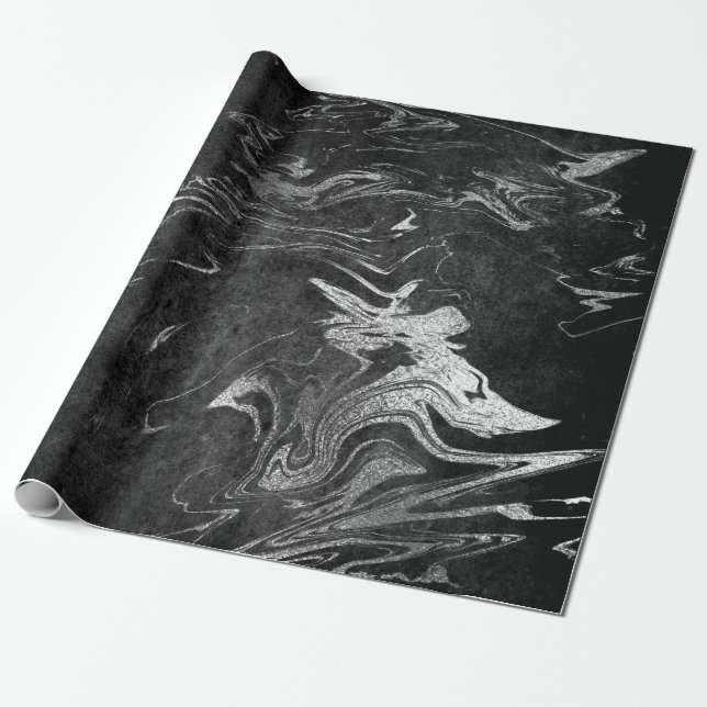 Papel De Regalo Gris Black Silver Gráfica Marble Glam brillante (Desenrollado)