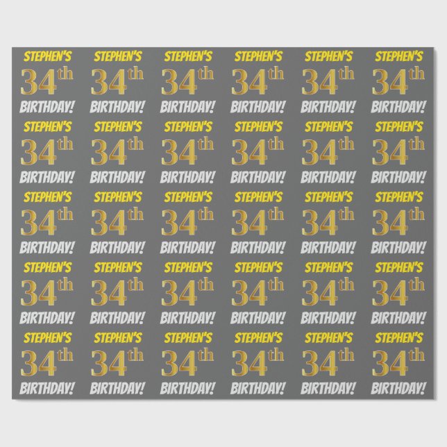 Papel De Regalo Gris, Dorado Falso/Imitación, "34º CUMPLEAÑOS" (Superficie plana)