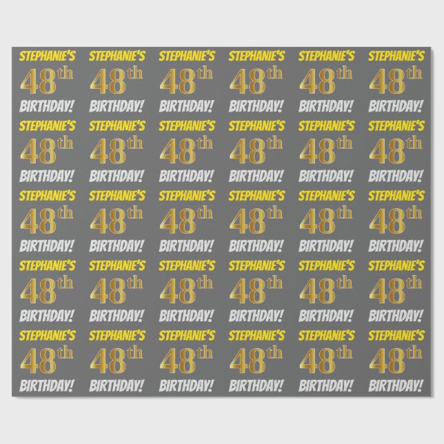 Papel De Regalo Gris, Dorado Falso/Imitación, "CUMPLEAÑOS 48" (Superficie plana)