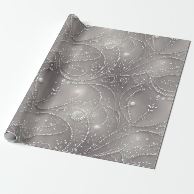 Papel De Regalo Gris elegante, varas de perlas, perlas y luz (Desenrollado)