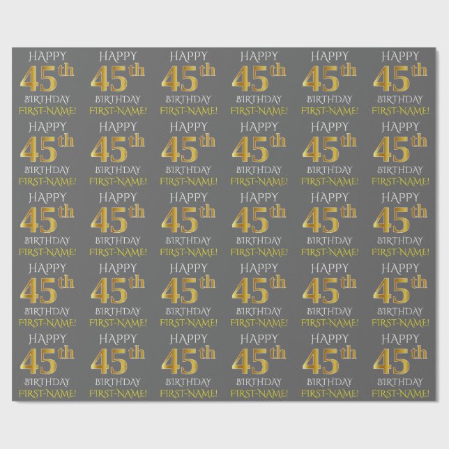 Papel De Regalo Gris, falso oro "FELIZ CUMPLEAÑOS 45" (Superficie plana)