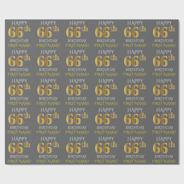 Papel De Regalo Gris, falso oro "FELIZ CUMPLEAÑOS 66" (Superficie plana)