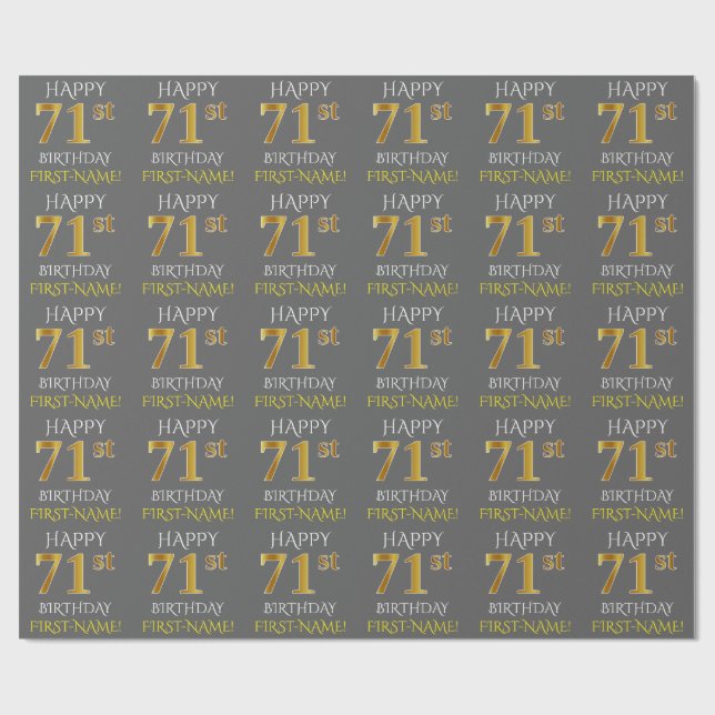 Papel De Regalo Gris, falso oro "FELIZ CUMPLEAÑOS 71" (Superficie plana)