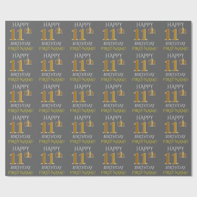 Papel De Regalo Gris, Faux Gold "FELIZ 11º CUMPLEAÑOS" (Superficie plana)