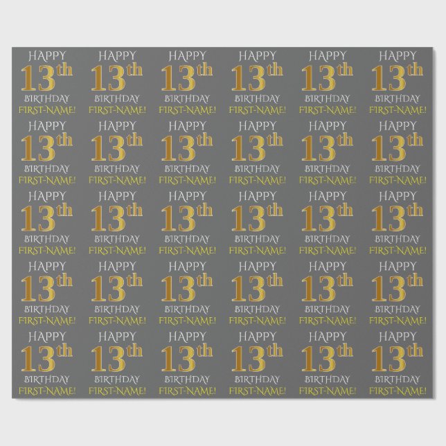 Papel De Regalo Gris, Faux Gold "FELIZ 13 CUMPLEAÑOS" (Superficie plana)