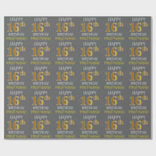 Papel De Regalo Gris, Faux Gold "FELIZ 16º CUMPLEAÑOS"
