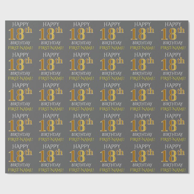 Papel De Regalo Gris, Faux Gold "FELIZ 18º CUMPLEAÑOS" (Superficie plana)