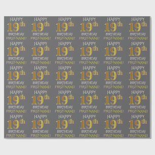 Papel De Regalo Gris, Faux Gold "FELIZ 19º CUMPLEAÑOS"