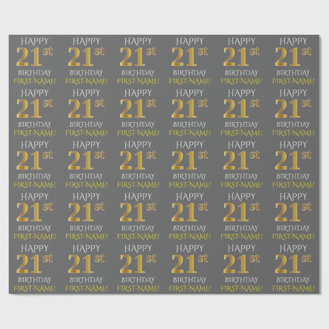 Papel De Regalo Gris, Faux Gold "FELIZ 21º CUMPLEAÑOS" (Superficie plana)