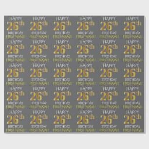 Papel De Regalo Gris, Faux Gold "FELIZ 26º CUMPLEAÑOS"