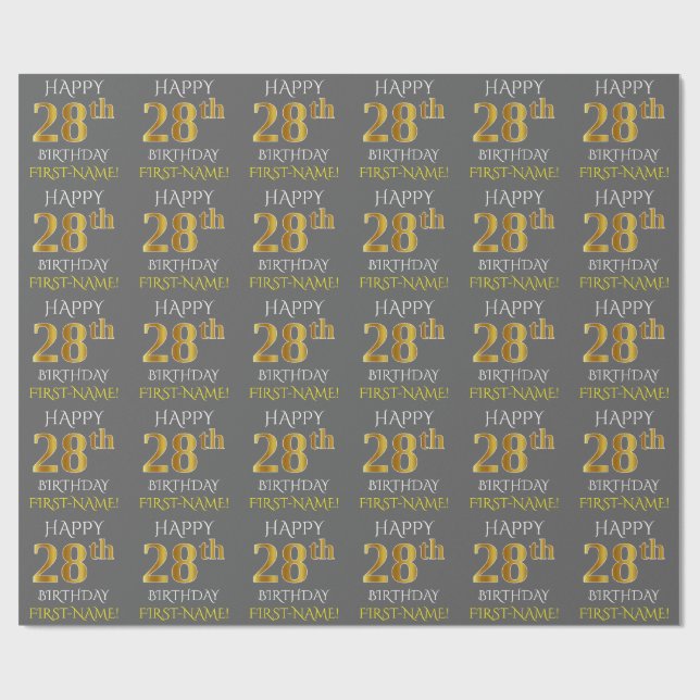 Papel De Regalo Gris, Faux Gold "FELIZ 28º CUMPLEAÑOS" (Superficie plana)