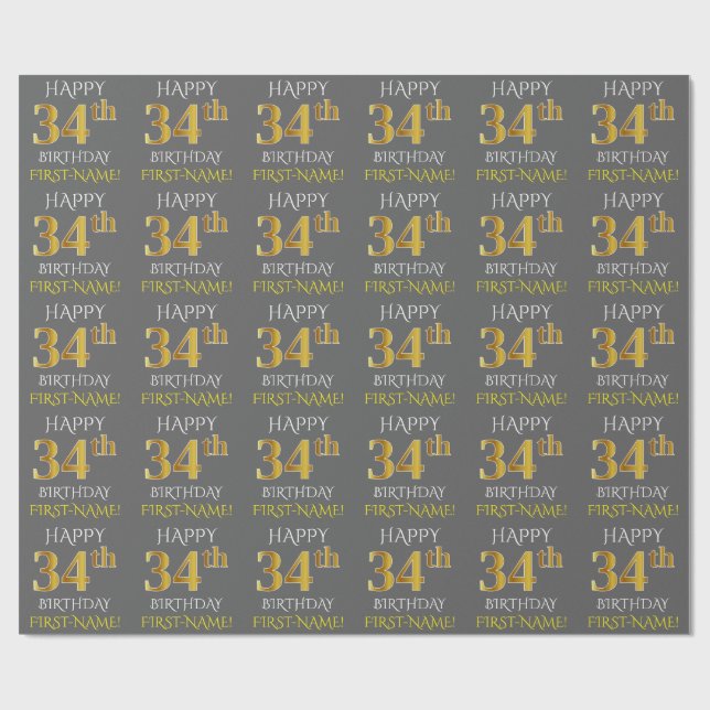 Papel De Regalo Gris, Faux Gold "FELIZ 34 cumpleaños" (Superficie plana)