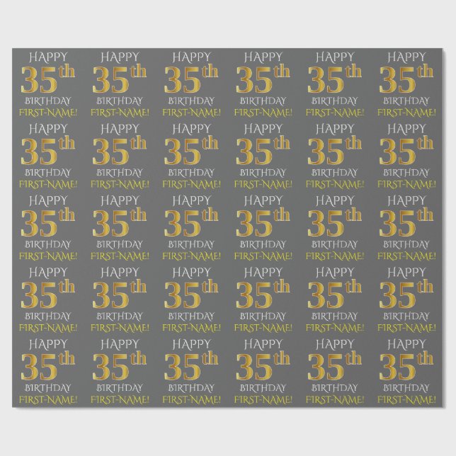 Papel De Regalo Gris, Faux Gold "FELIZ 35 cumpleaños" (Superficie plana)