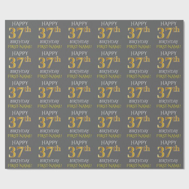 Papel De Regalo Gris, Faux Gold "FELIZ 37º CUMPLEAÑOS" (Superficie plana)