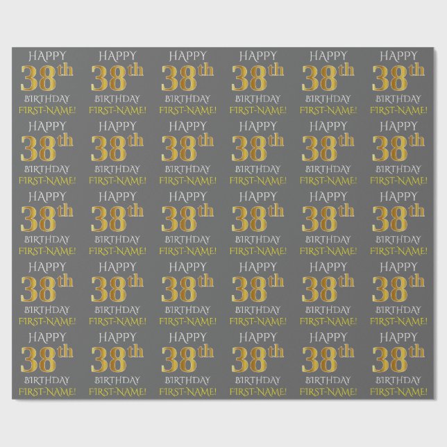 Papel De Regalo Gris, Faux Gold "FELIZ 38º CUMPLEAÑOS" (Superficie plana)