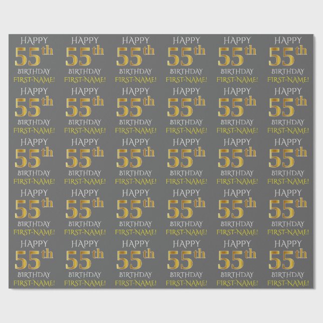 Papel De Regalo Gris, Faux Gold "FELIZ 55 cumpleaños" (Superficie plana)