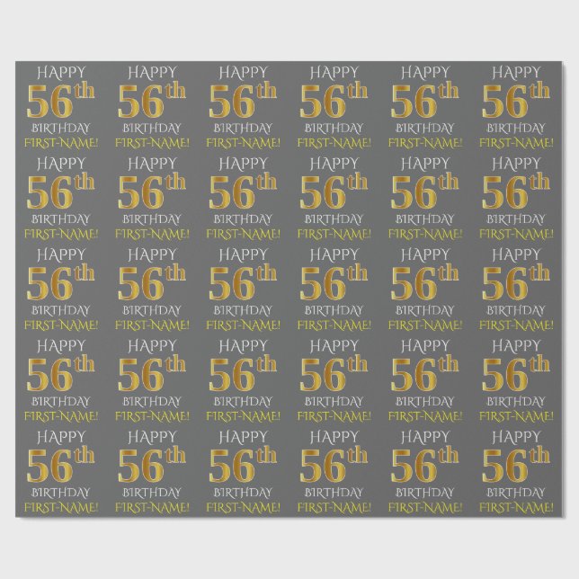 Papel De Regalo Gris, Faux Gold "FELIZ 56º CUMPLEAÑOS" (Superficie plana)