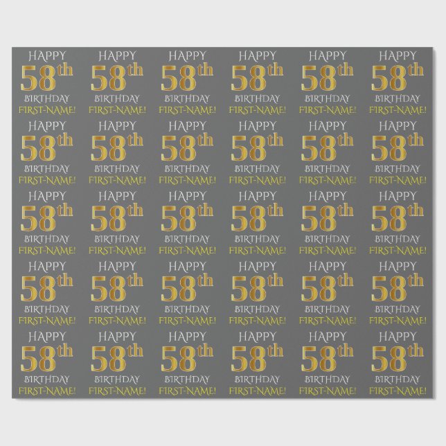Papel De Regalo Gris, Faux Gold "FELIZ 58º CUMPLEAÑOS" (Superficie plana)