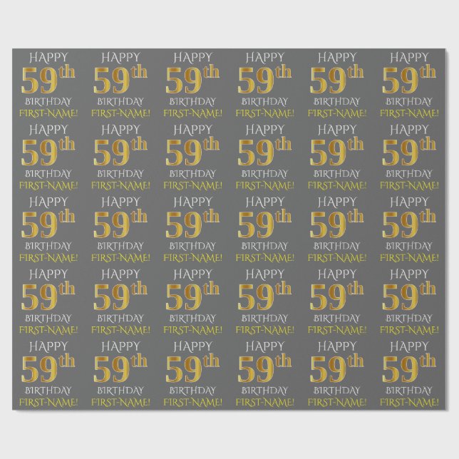 Papel De Regalo Gris, Faux Gold "FELIZ 59º CUMPLEAÑOS" (Superficie plana)