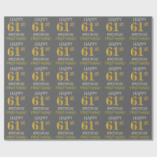 Papel De Regalo Gris, Faux Gold "FELIZ 61º CUMPLEAÑOS"
