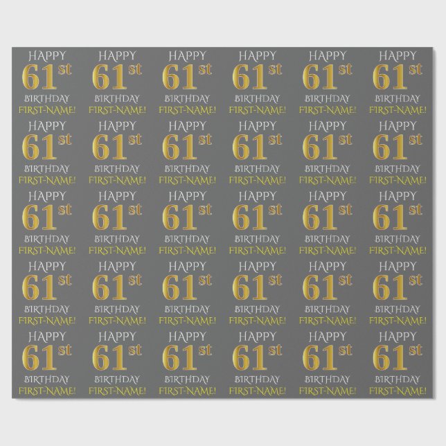Papel De Regalo Gris, Faux Gold "FELIZ 61º CUMPLEAÑOS" (Superficie plana)
