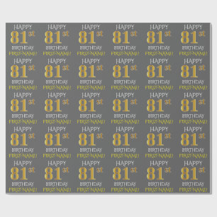 Papel De Regalo Gris, Faux Gold "FELIZ 81 cumpleaños"