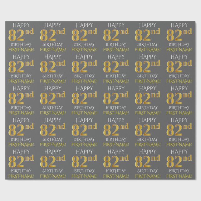 Papel De Regalo Gris, Faux Gold "FELIZ 82 cumpleaños" (Superficie plana)