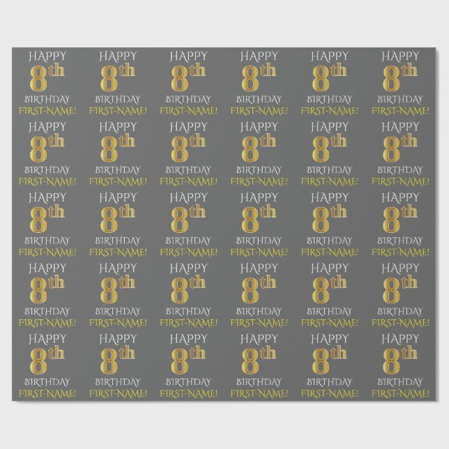 Papel De Regalo Gris, Faux Gold "FELIZ 8 CUMPLEAÑOS" (Superficie plana)