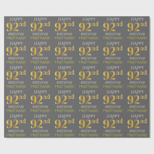Papel De Regalo Gris, Faux Gold "FELIZ 92 cumpleaños" (Superficie plana)