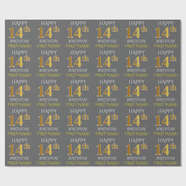 Papel De Regalo Gris, Faux Gold "FELIZ CUMPLEAÑOS 14" (Superficie plana)