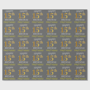 Papel De Regalo Gris, Faux Gold "FELIZ CUMPLEAÑOS 15"