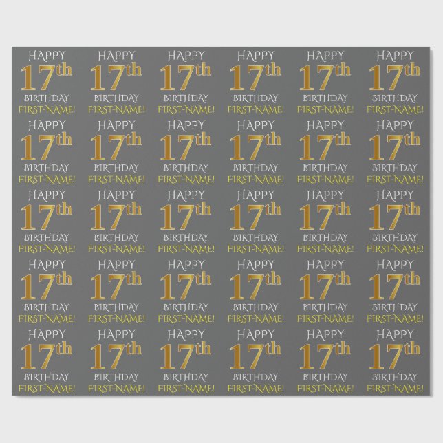 Papel De Regalo Gris, Faux Gold "FELIZ CUMPLEAÑOS 17" (Superficie plana)