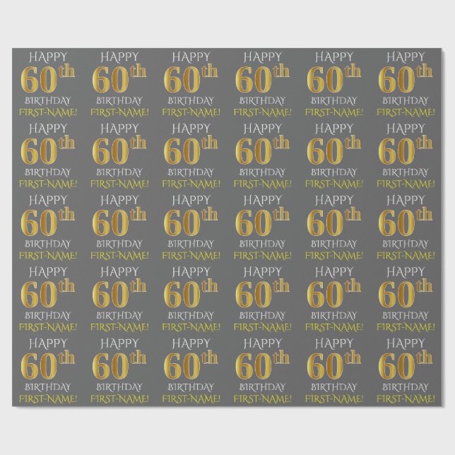 Papel De Regalo Gris, Faux Gold "FELIZ CUMPLEAÑOS 60" (Superficie plana)