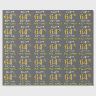 Papel De Regalo Gris, Faux Gold "FELIZ CUMPLEAÑOS 64"