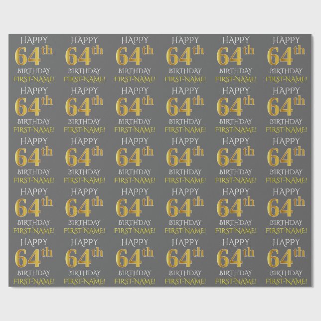 Papel De Regalo Gris, Faux Gold "FELIZ CUMPLEAÑOS 64" (Superficie plana)