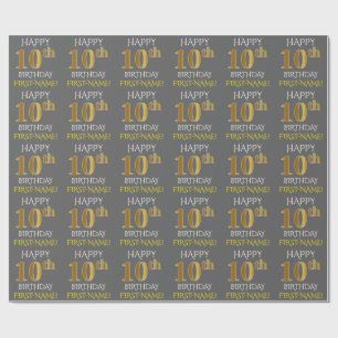 Papel De Regalo Gris, Faux Gold "FELIZ DÍA 10"