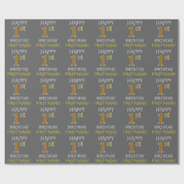 Papel De Regalo Gris, Faux Gold "FELIZ PRIMER CUMPLEAÑOS"