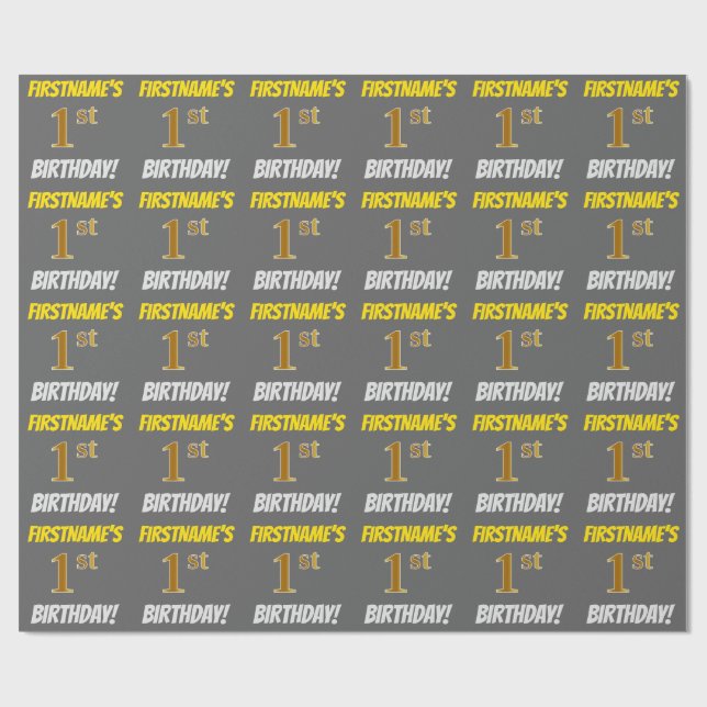 Papel De Regalo Gris, Faux/Imitation Gold, "1ᵉʳ BIRTHDAY" (Superficie plana)