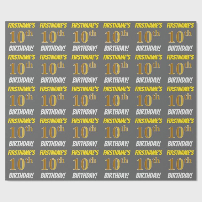 Papel De Regalo Gris, Faux/Imitation Gold, "10th BIRTHDAY" (Superficie plana)